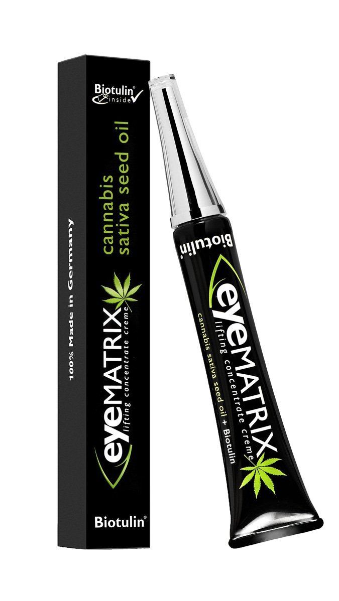 eyeMATRIX Augencreme gegen Tränensäcke und Augenringe kombiniert Inhaltsstoffe von Biotulin und Cannabis Sativa Seed Oil.